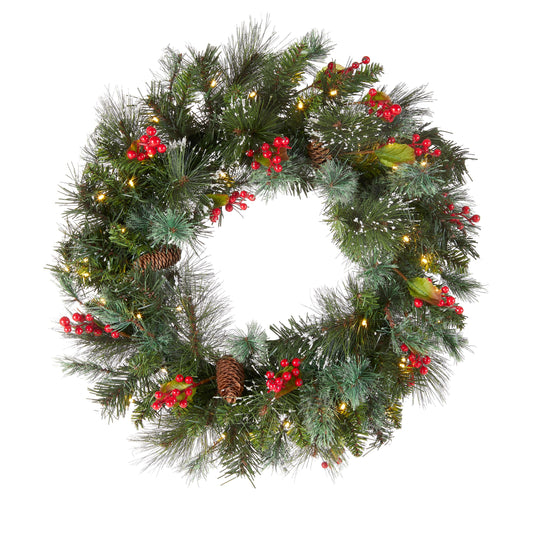 National Tree Company Pre-Lit Artificial Christmas Wreath, Green, Crestwood Spruce, White Lights, Decorated with Pine Cones, Berry Clusters, Frosted Branches, Christmas Collection, 24 Inches